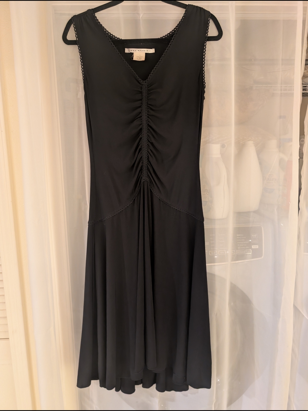 Max Studio Black Sleeveless V-Neck Ruched Midi Dress